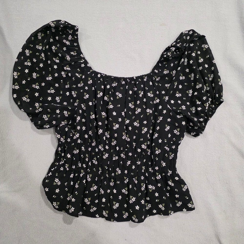 Madewell Floral Puff Sleeve Smocked Peplum Top Black White Daisy Square Neck L - Picture 6 of 7